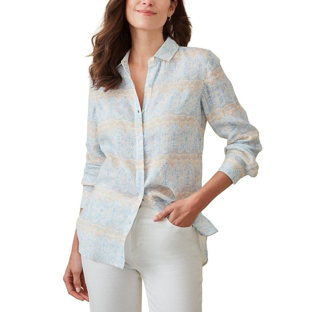 J McLaughlin Britt Linen Blouse Medium Blue Tan Damask Print Button Down Shirt